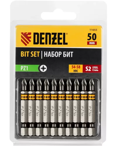 Бита PZ1х50, сталь S2, шестигранный профиль, 10 шт. Е 6,3 Denzel
