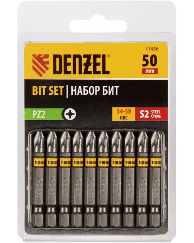 Бита PZ2х50, сталь S2, шестигранный профиль, 10 шт. Е 6,3 Denzel