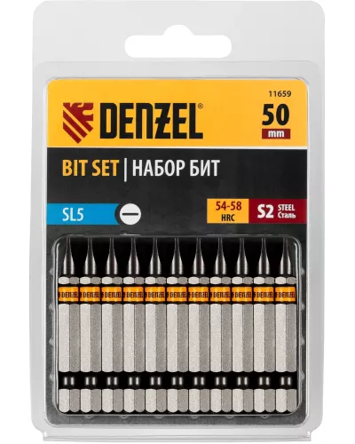 Бита SL5,0х50, сталь S2, шестигранный профиль, 10 шт. Е 6,3 Denzel