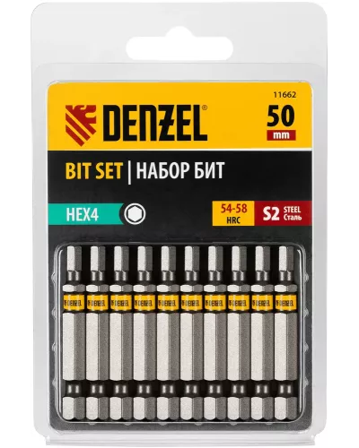 Бита HEX 4х50, сталь S2, шестигранный профиль, 10 шт. Е 6,3 Denzel