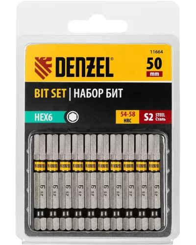 Бита HEX 6х50, сталь S2, шестигранный профиль, 10 шт. Е 6,3 Denzel