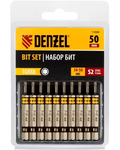 Бита TX 8х50, сталь S2, шестигранный профиль, 10 шт. Е 6,3 Denzel
