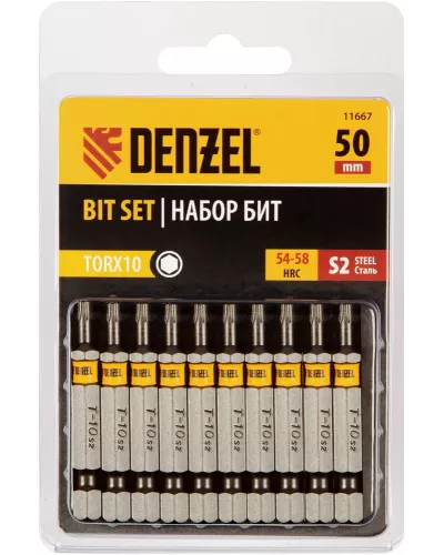 Бита TX 10х50, сталь S2, шестигранный профиль, 10 шт. Е 6,3 Denzel