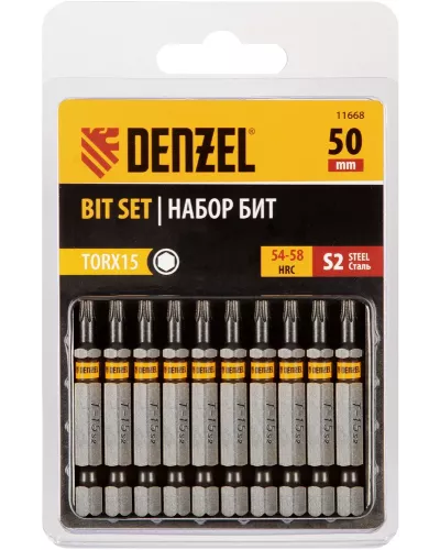 Бита TX 15х50, сталь S2, шестигранный профиль, 10 шт. Е 6,3 Denzel
