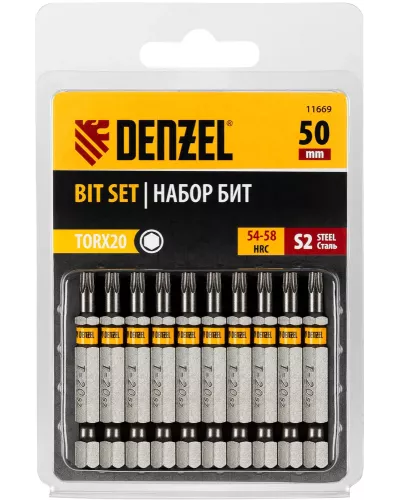 Бита TX 20х50, сталь S2, шестигранный профиль, 10 шт. Е 6,3 Denzel
