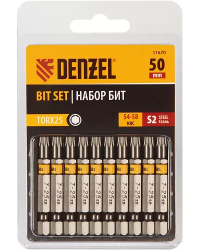 Бита TX 25х50, сталь S2, шестигранный профиль, 10 шт. Е 6,3 Denzel