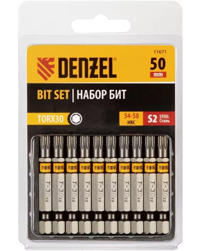 Бита TX 30х50, сталь S2, шестигранный профиль, 10 шт. Е 6,3 Denzel