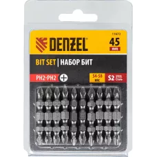 Бита DENZEL двухсторонняя, PH2-PH2 х 45 мм, сталь S2, 10 шт.
