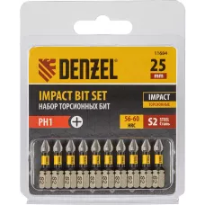 Бита DENZEL IMPACT, PH1x25 мм, лазерная обработка шлица, сталь S2, 10 шт., Е 6,3