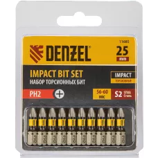 Бита DENZEL IMPACT, PH2x25 мм, лазерная обработка шлица, сталь S2, 10 шт., Е 6,3