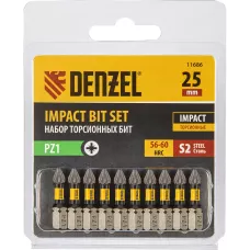 Бита DENZEL IMPACT, PZ1x25 мм, лазерная обработка шлица, сталь S2, 10 шт., Е 6,3