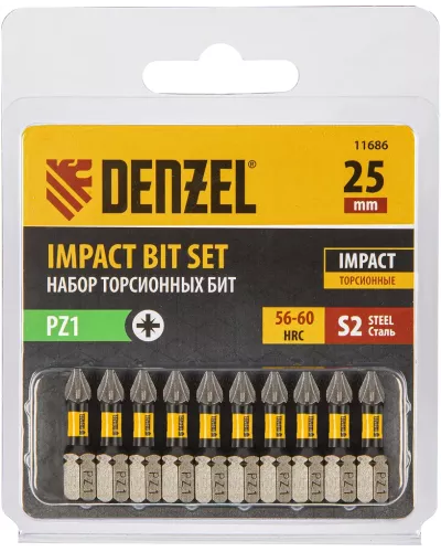 Бита IMPACT, PZ1x25 мм, лазерная обработка шлица, сталь S2, 10 шт., Е 6,3 Denzel