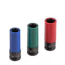 Набор головок ударных 6-гранных удлиненных для колесных дисков 17, 19, 21 мм, 1/2", 3 предмета Stels