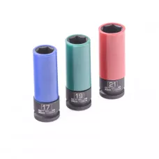 Набор головок ударных 6-гранных удлиненных для колесных дисков 17, 19, 21 мм, 1/2", 3 предмета Stels