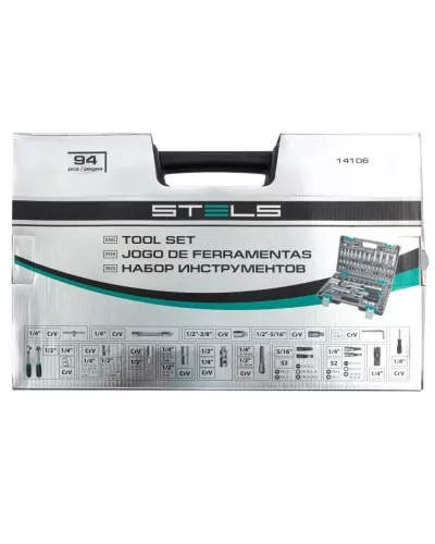 Набор инструментов, 1/2, 1/4, CrV, пластиковый кейс, 94 предмета Stels