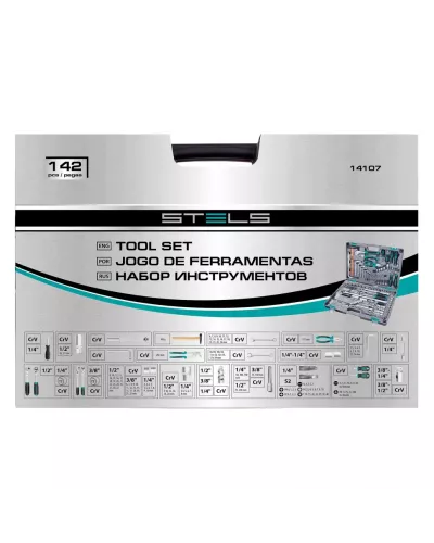 Набор инструментов, 1/2, 3/8, 1/4, CrV, пластиковый кейс, 142 предмета Stels