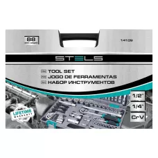 Набор инструментов, 1/2, 1/4, CrV, пластиковый кейс, 88 предметов Stels