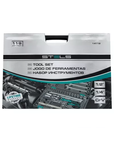 Набор инструмента, 1/4, 1/2, Cr-V, S2, усиленный кейс, 119 предметов Stels