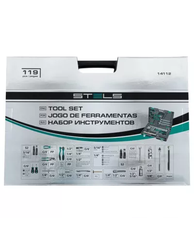 Набор инструмента, 1/4, 1/2, Cr-V, S2, усиленный кейс, 119 предметов Stels