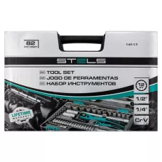 Набор инструментов, 1/2, 1/4, CrV, пластиковый кейс, 82 предмета, двенадцатигранные головки Stels