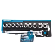 Набор торцевых головок GROSS, трещотка 120 зубьев, 12 предметов, 1/2", CrV 14138