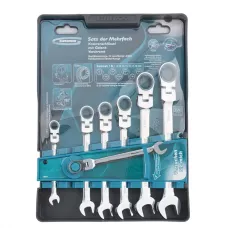 Набор ключей комбинированных с трещоткой GROSS, 8 - 19 мм, 7шт., шарнирные, CrV 14891