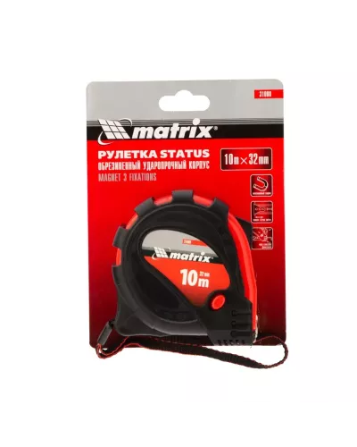 Рулетка Status Magnet 3 fixations,10 м х 32 мм,обрезиненный корпус,зацеп с магнитом Matrix