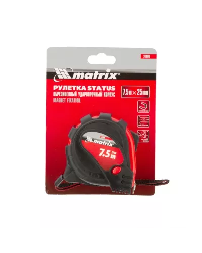 Рулетка Status Magnet 3 fixations,7,5 м х 25 мм,обрезиненный корпус,зацеп с магнитом Matrix