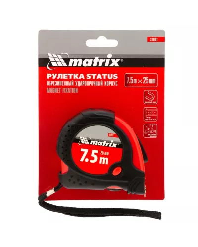 Рулетка Status Magnet fixation,7,5 м х 25 мм,обрезиненный корпус,зацеп с магнитом Matrix