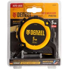 Рулетка DENZEL 31522 5м х 25мм, автоматич. фиксац., нейлон. покрытие, магнит. зацеп, двухстор. разметка