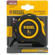 Рулетка DENZEL 8м х 25мм, обрезиненный корпус, автоматическая фиксация