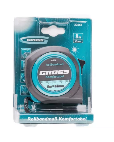 Рулетка Komfortabel 8 м х 25 мм,обрезиненный корпус Gross