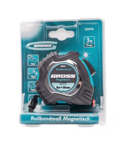 Рулетка Magnetisch 3 м х 16 мм,обрезиненный корпус,автоматическая фиксация,Нейлоновое покрытиеытие,зацеп с магнитом Gross