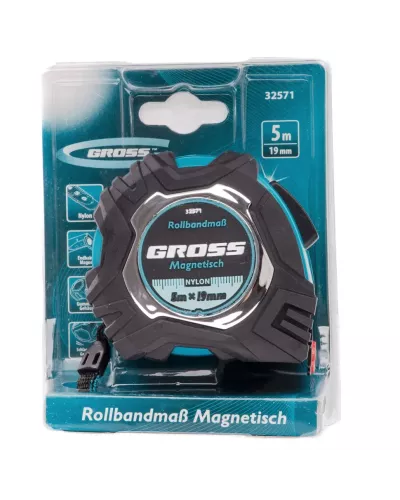 Рулетка Magnetisch 5 м х 19 мм,обрезиненный корпус,автоматическая фиксация,Нейлоновое покрытиеытие,зацеп с магнитом Gross