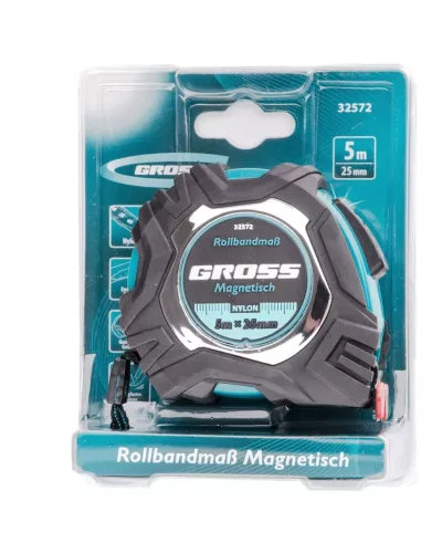 Рулетка Magnetisch 5 м х 25 мм,обрезиненный корпус,автоматическая фиксация,Нейлоновое покрытиеытие,зацеп с магнитом Gross