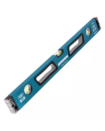 Уровень алюминиевый, 600 мм, усиленный с ударопрочными заглушками, рукоятки, 3 глазка Gross