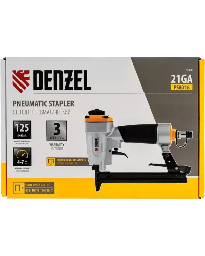Степлер пневматический PS8016 для прямоугольных скоб 21GA от 6 до 16 мм Denzel