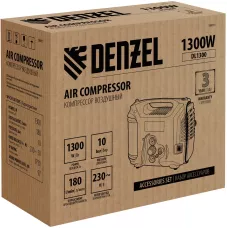 Компрессор воздушный DENZEL L1300, 10 бар, 1,3 кВт 180 л/мин 5 л, с набором аксессуаров