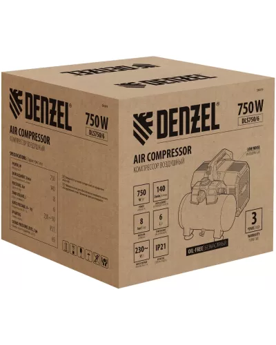 Компрессор  DLS750/6 безмасляный малошумный 750 Вт, 140 л/мин,ресивер 6 л Denzel