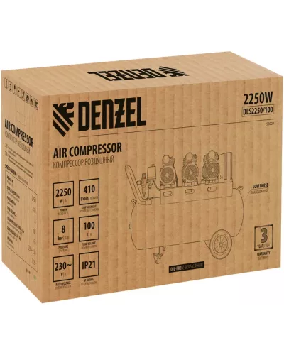 Компрессор безмасляный, малошумный  DLS 2250/100, 2250 Вт, 3x750, 100 л, 410 л/мин блок управления/ Denzel