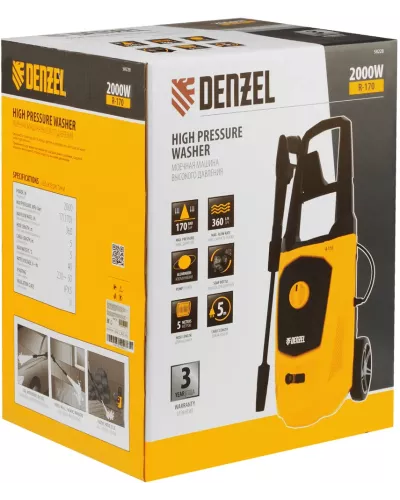 Моечная машина высокого давления R-170, 2000 Вт, 170 бар, 360 л/ч, колесная// Denzel