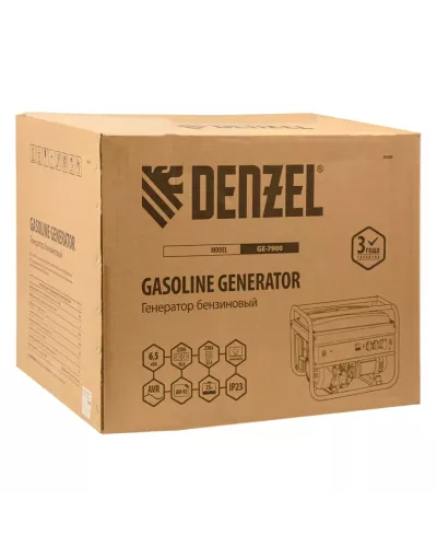 Генератор бензиновый GE 7900, 6.5 кВт, 220 В/50 Гц, 25 л, ручной пуск Denzel