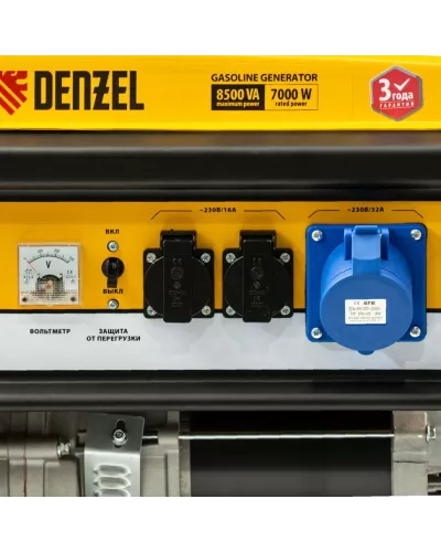 Генератор бензиновый GE 8900, 8.5 кВт, 220 В/50 Гц, 25 л, ручной старт Denzel