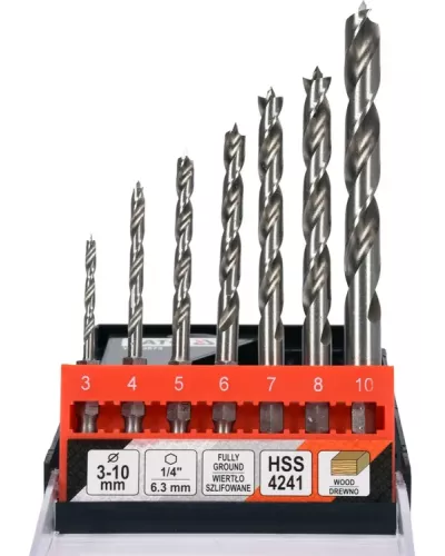 Сверла по дереву спиральные 3-10мм с хвостовиком HEX (набор 7пр.) 